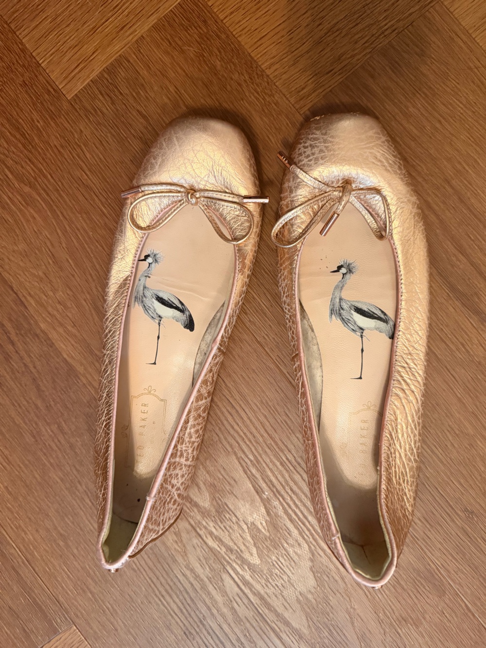 Ted Baker Rose Gold Metallic Leather Ballet Flats Bow Square Toe Women’s Size 5
